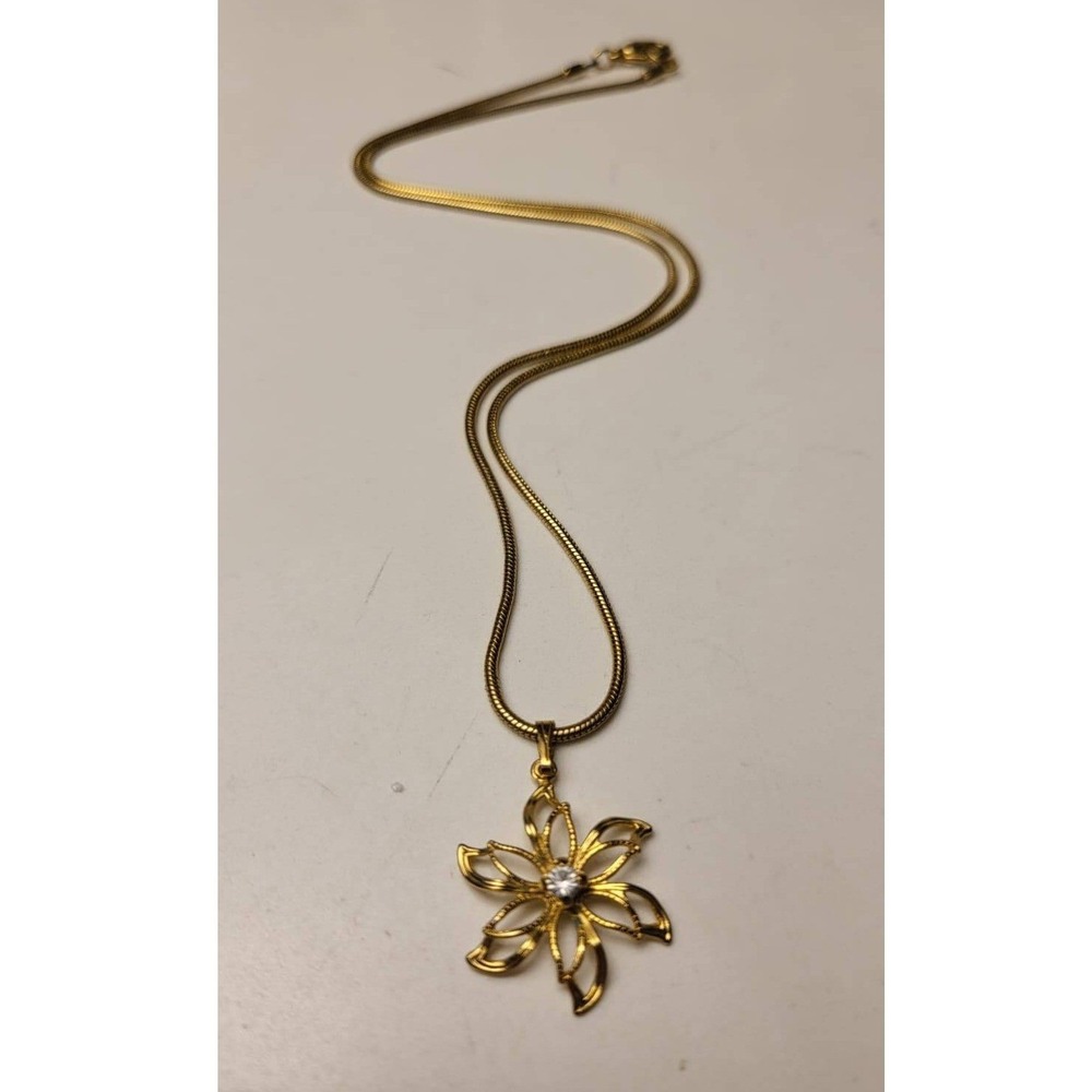 Vintage Gold Tone Flower Pendant Necklace with Clear Crystal Accent Snake Chain